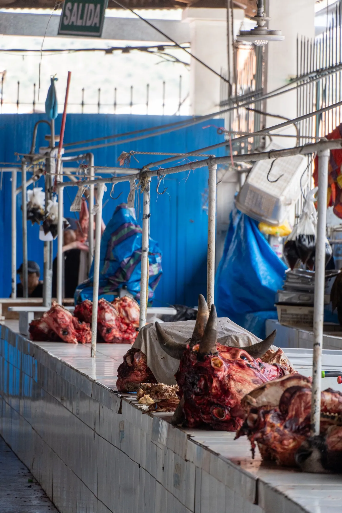 Des étals de viande sous une grande halle aux murs carrelés blancs, derrière des bâches bleues.